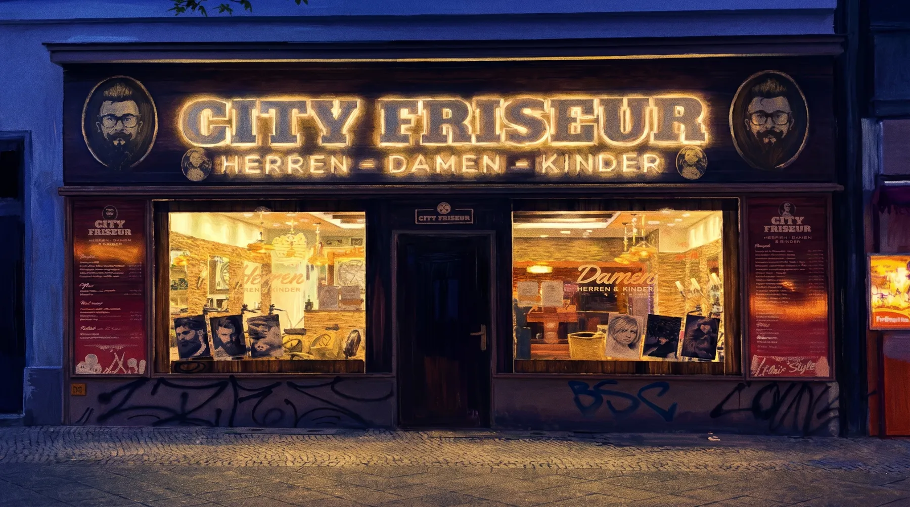 Die Fassade des City Friseur bei Nacht, gemalte Ansicht