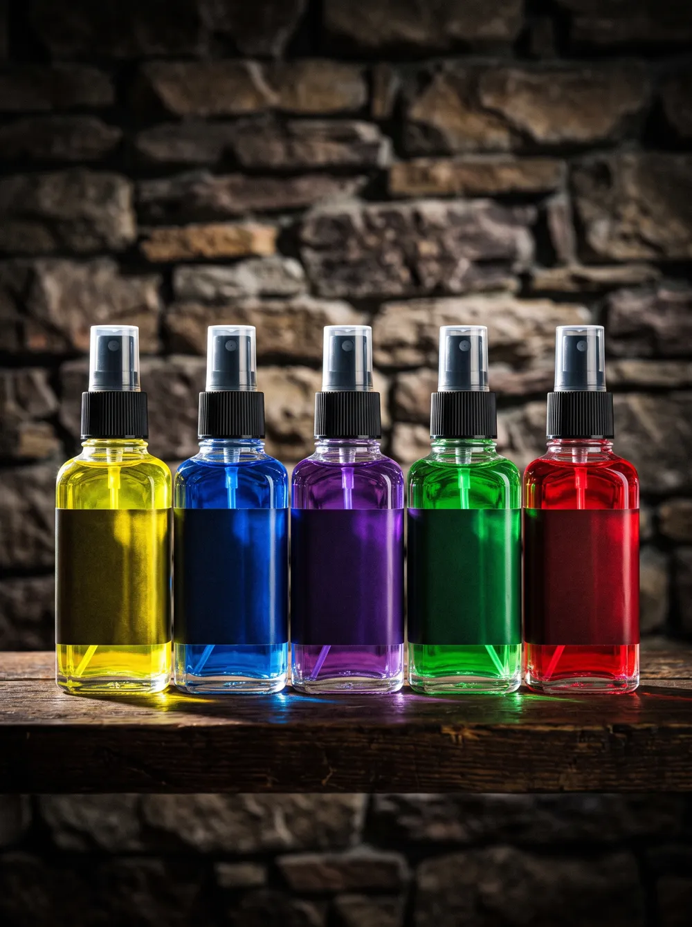 Reihe farbiger Barber-Colognes vor der Steinwand im Laden